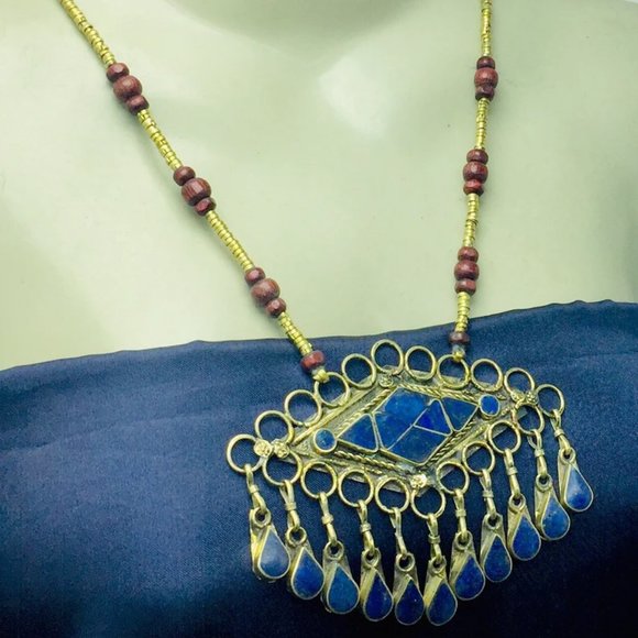 Lapis Lazuli Pendant Necklace With Beaded Chain, Handmade Beaded Chain Necklace, - Picture 6 of 12